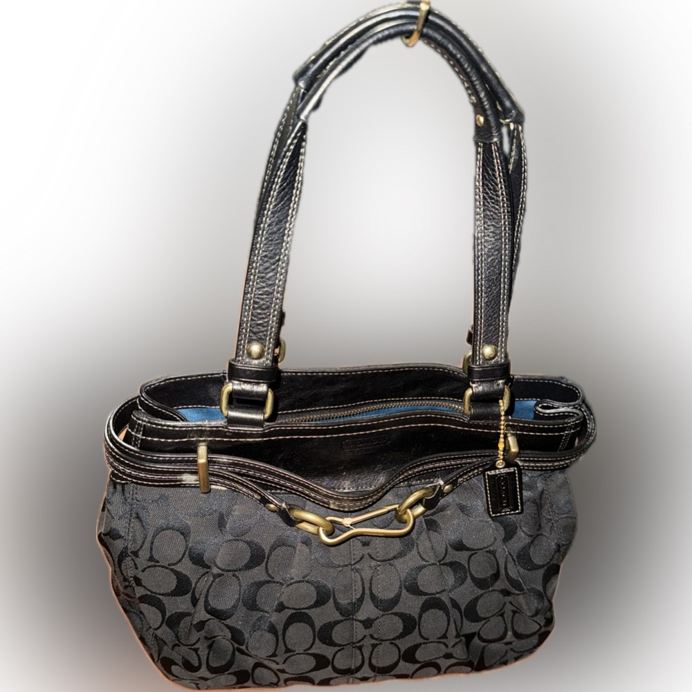 Pre Loved Coach Black Zip Top Signature C Jacquard Canvas Tote Bag